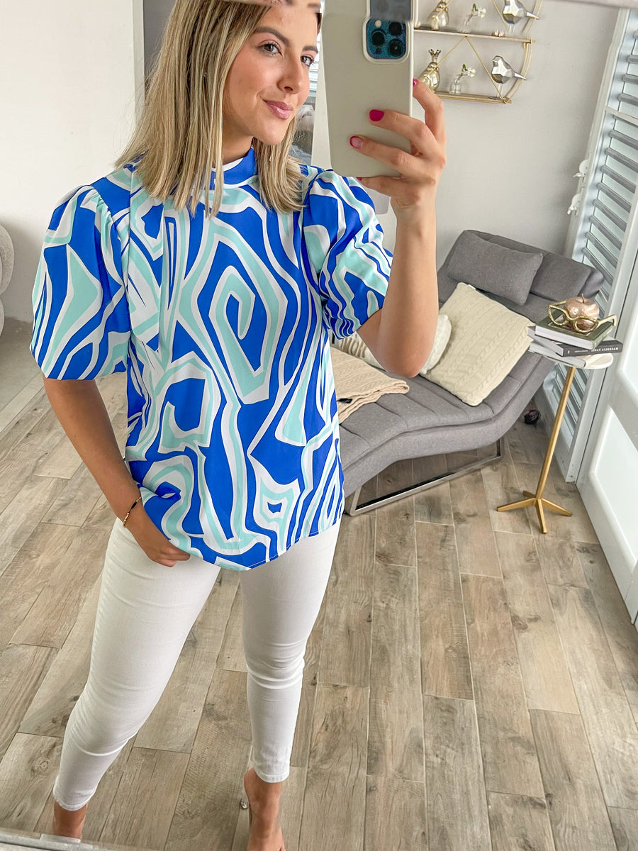 MULTI BLUE PRINT TUNIC BLOUSE