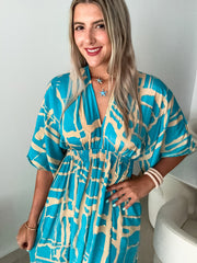 TURQUOISE/GOLD KIMONO SLEEVES DRESS