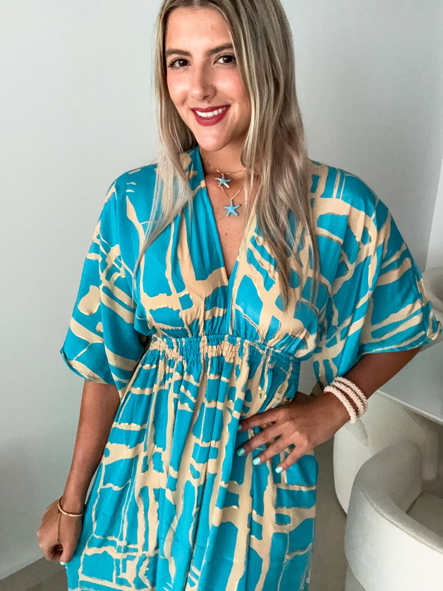 TURQUOISE/GOLD KIMONO SLEEVES DRESS