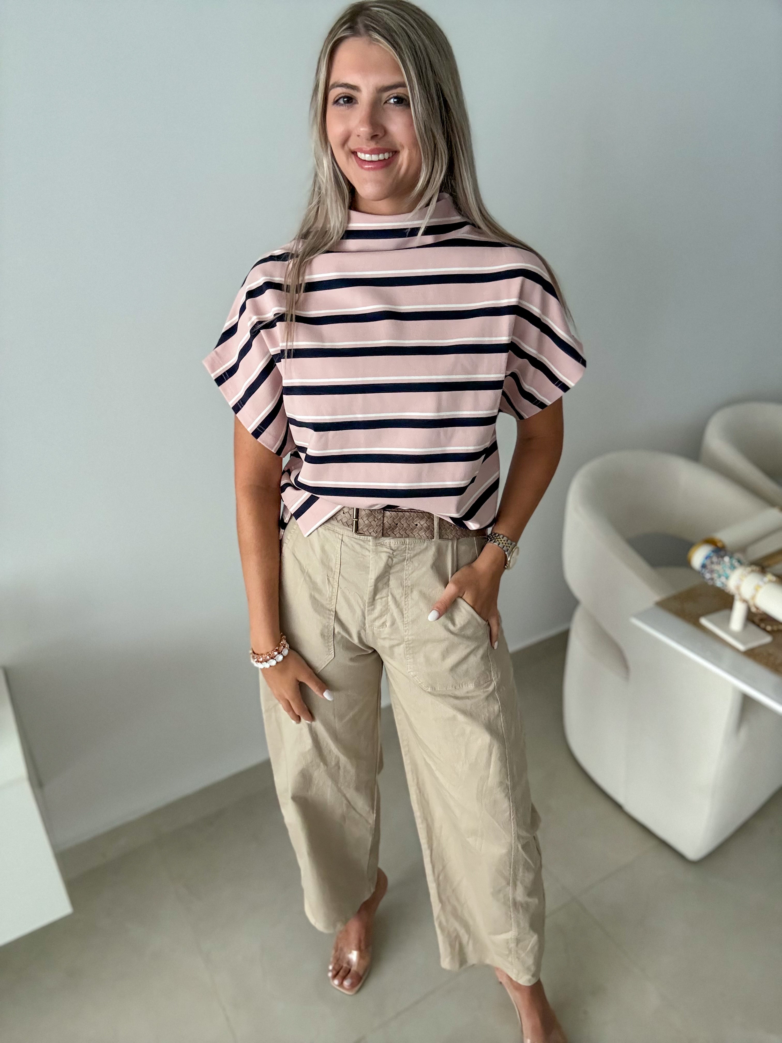 PINK/NAVY STRIPED MOCK NECK BLOUSE