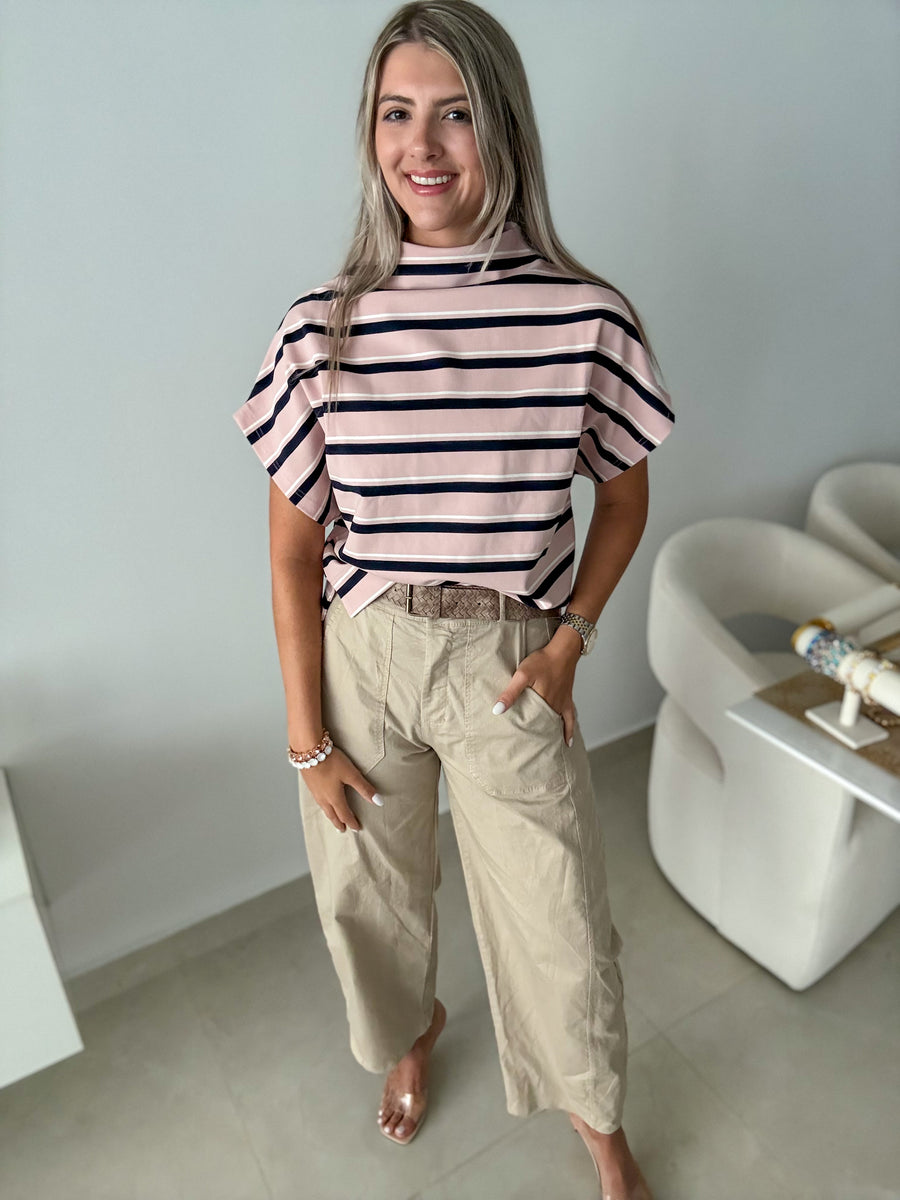 PINK/NAVY STRIPED MOCK NECK BLOUSE