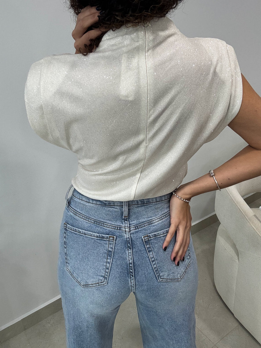 IVORY GLITTER MOCK NECK BLOUSE