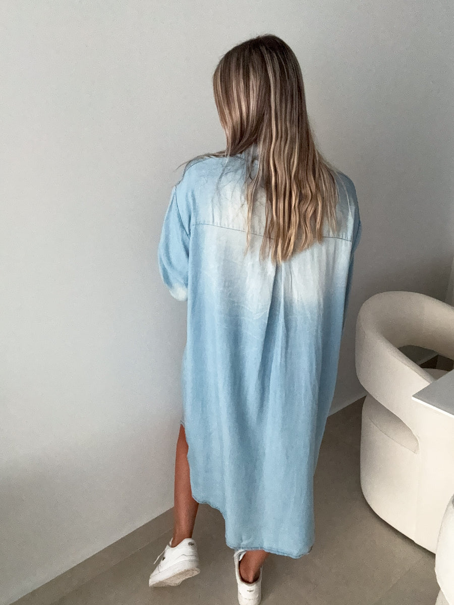 LIGHT DENIM TENCEL STUDDED DRESS