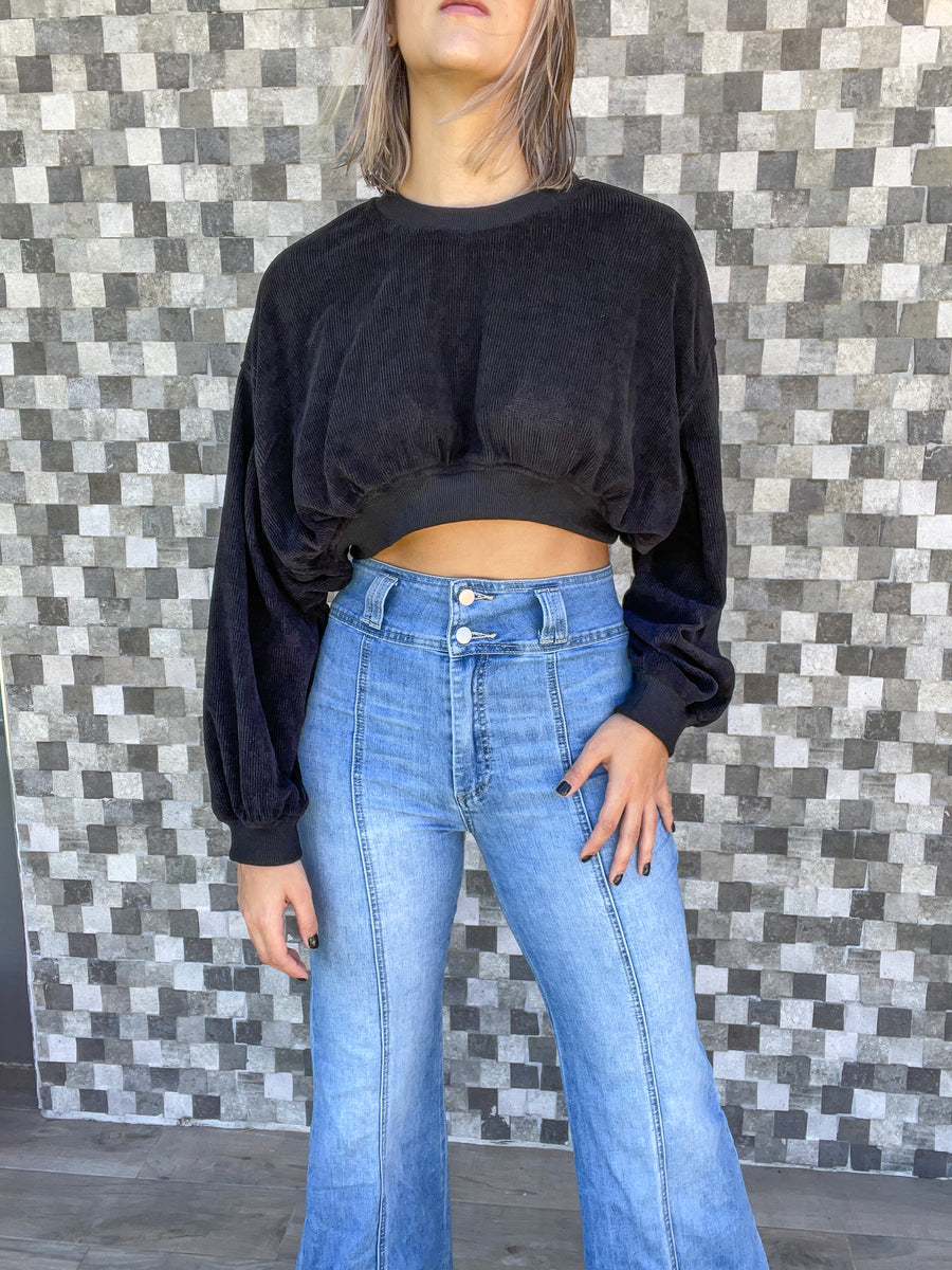 BLACK CORDUROY CROP BLOUSE