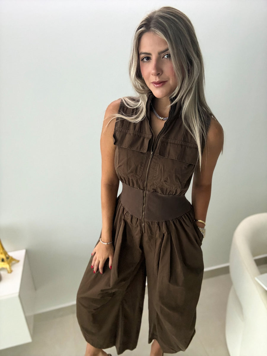 BROWN ZIPPER FRONT BARREL JUMPSUIT