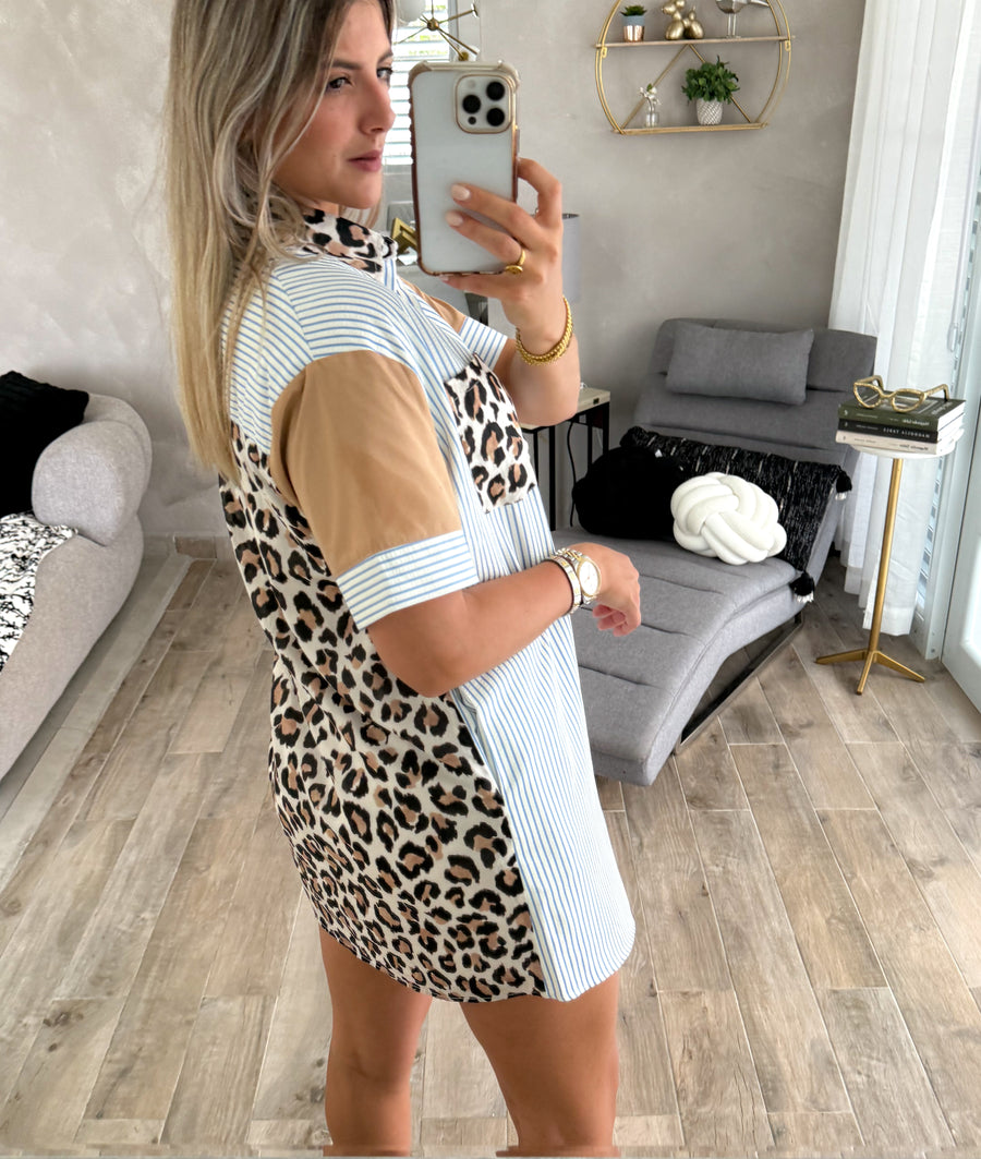 LEOPARD/BLUE SHORT SLEEVE DRESS