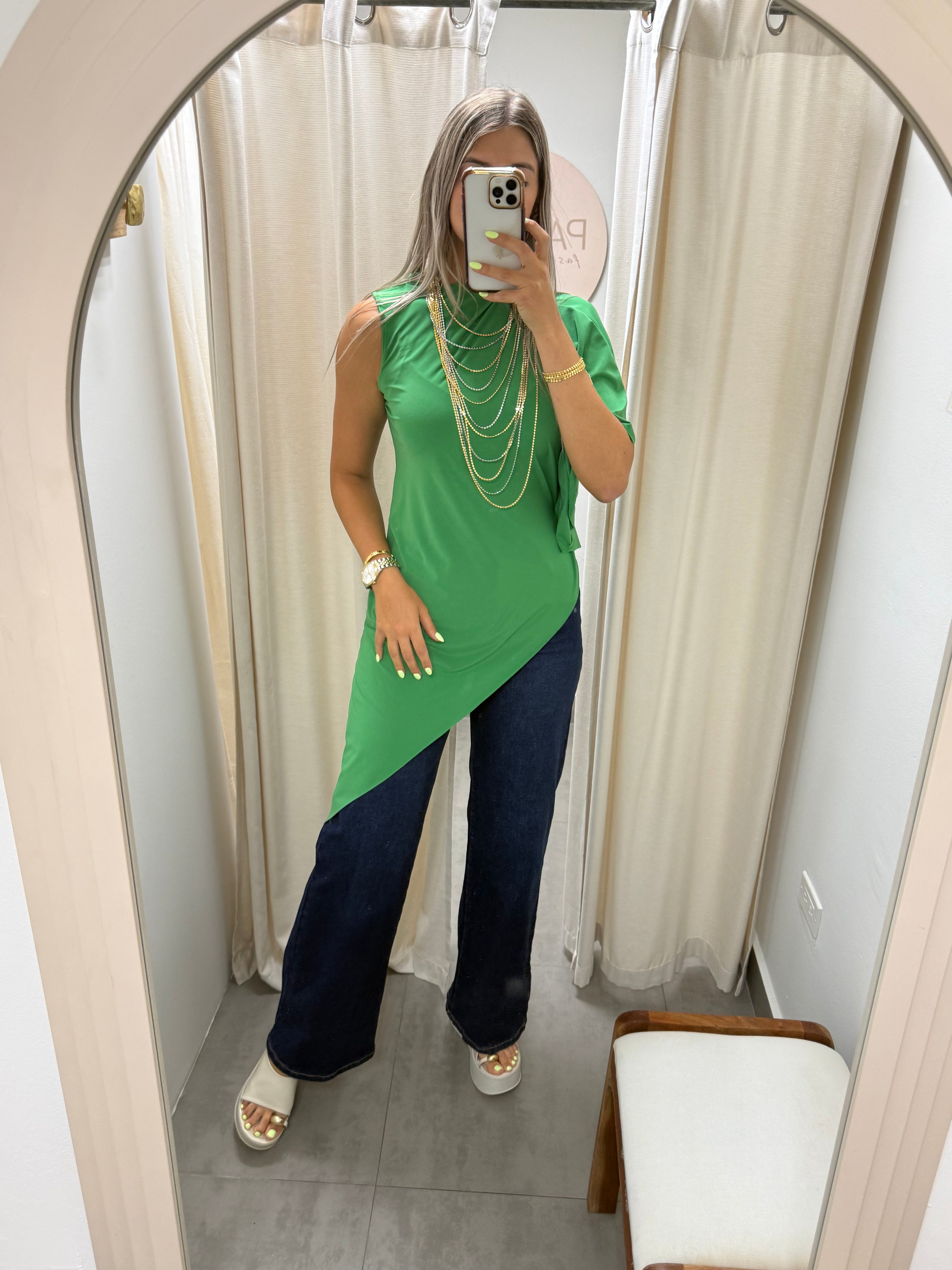 PIA KELLY GREEN ASYMMETRIC BLOUSE