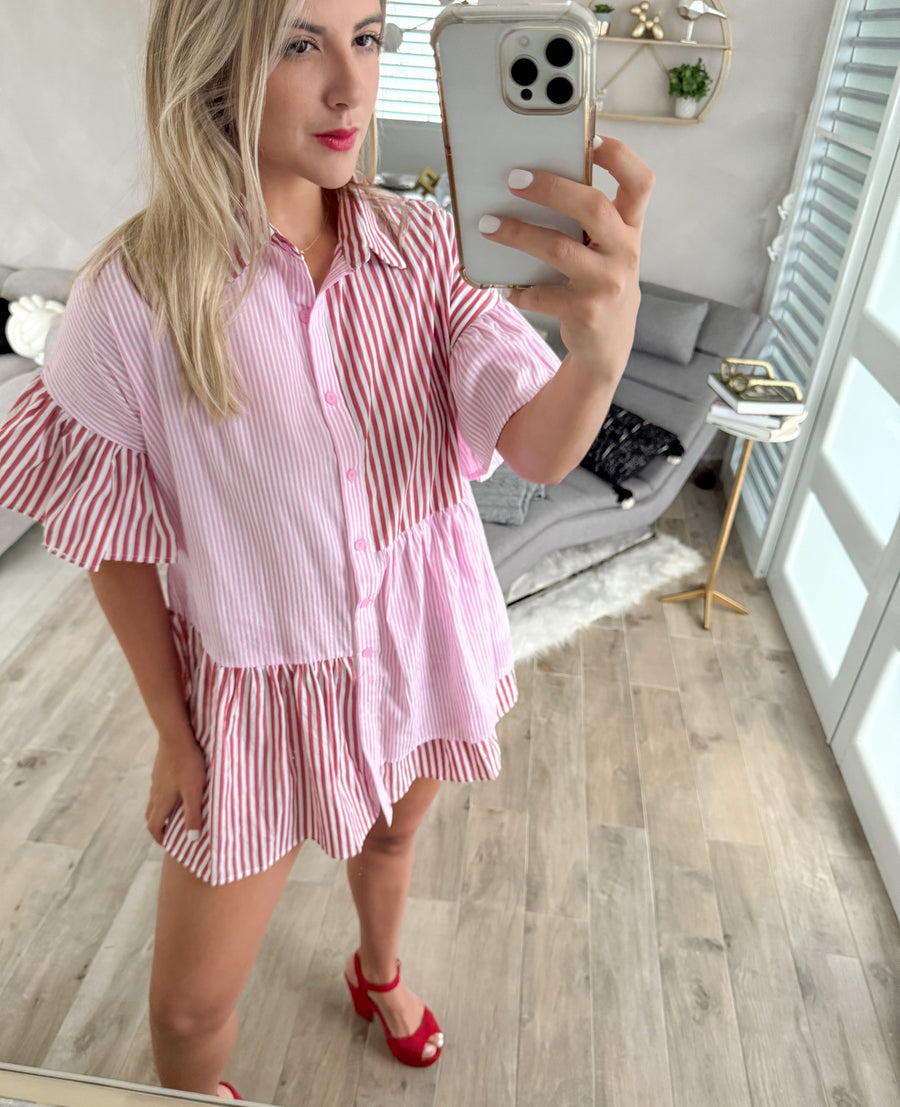 RED/PINK WOVEN STRIPED DRESS