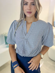 NAVY STRIPED RHINESTONES TIE-FRONT BLOUSE