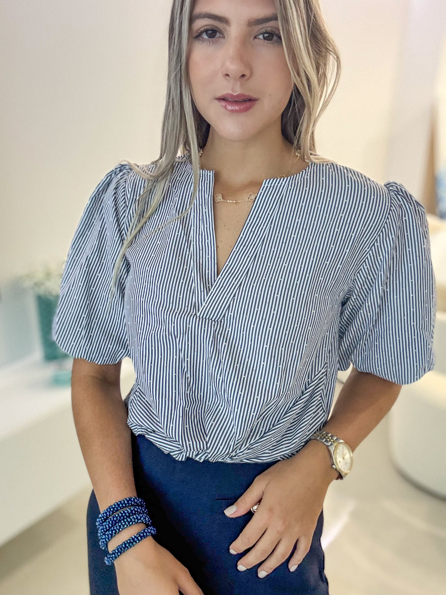 NAVY STRIPED RHINESTONES TIE-FRONT BLOUSE