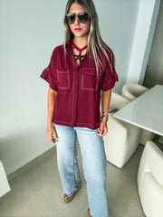 BURGUNDY ROPE BELTED BLOUSE