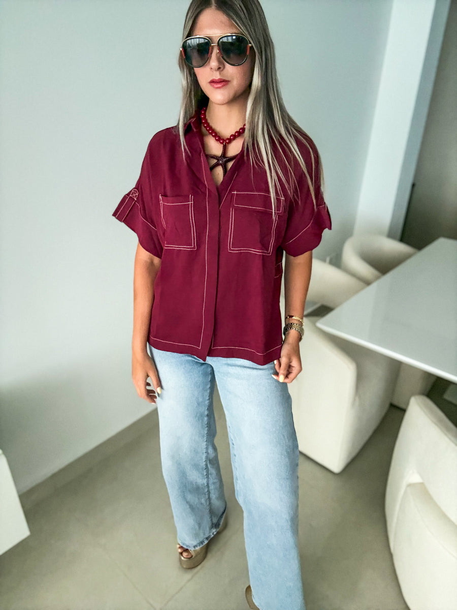 BURGUNDY ROPE BELTED BLOUSE