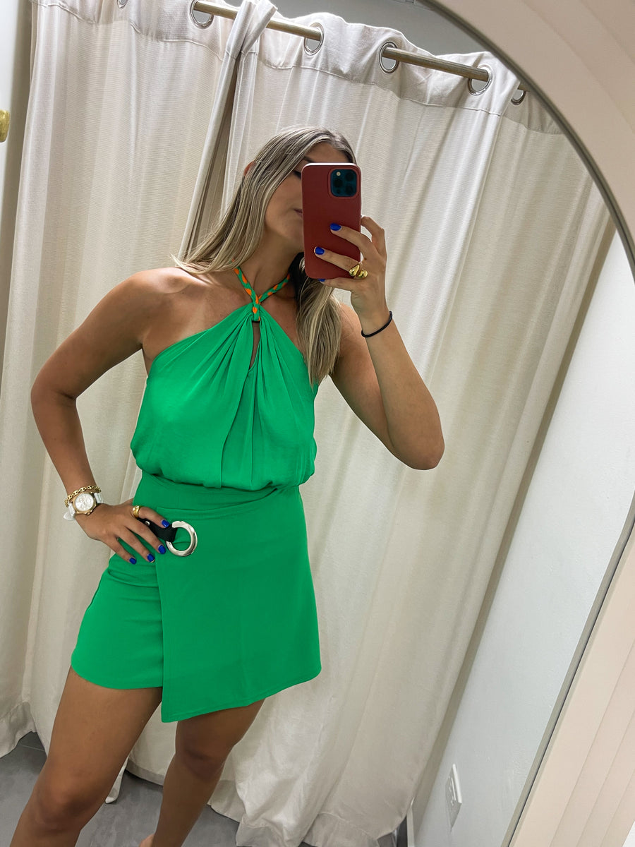 GREEN SATIN BRAIDED TOP