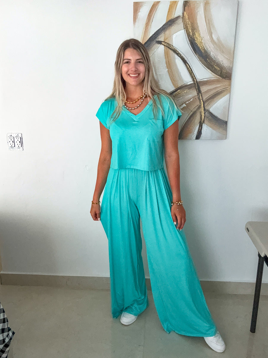 AQUA V-NECK TOP & WIDE LEG PANT SET