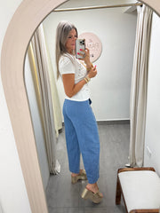 LIGHT BLUE STUDDED BARREL PANTS