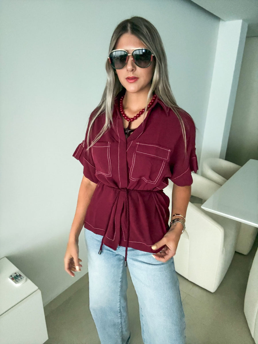 BURGUNDY ROPE BELTED BLOUSE