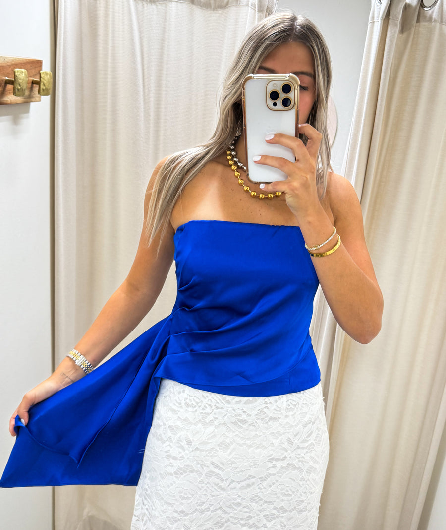 ROYAL BLUE SATIN DRAPED CORSET TOP