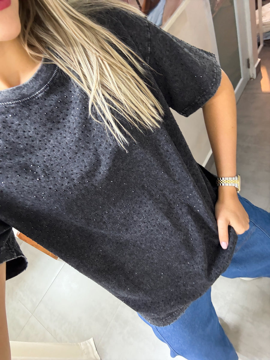 BLACK LONG OVERSIZED RHINESTONES TSHIRT