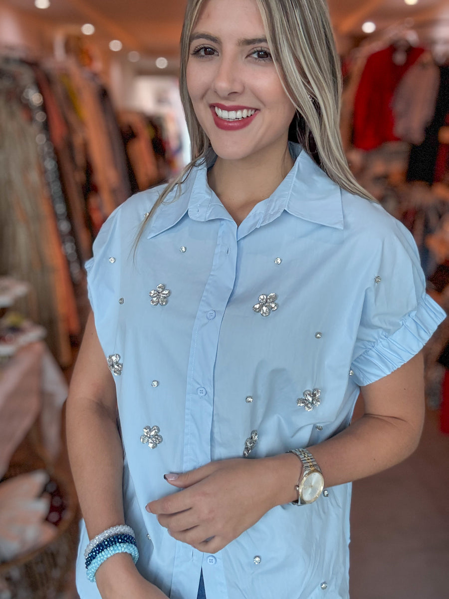 BLUE CRYSTALS BUTTONED BLOUSE