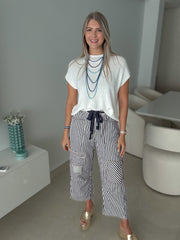 NAVY STRIPED BARREL JEANS