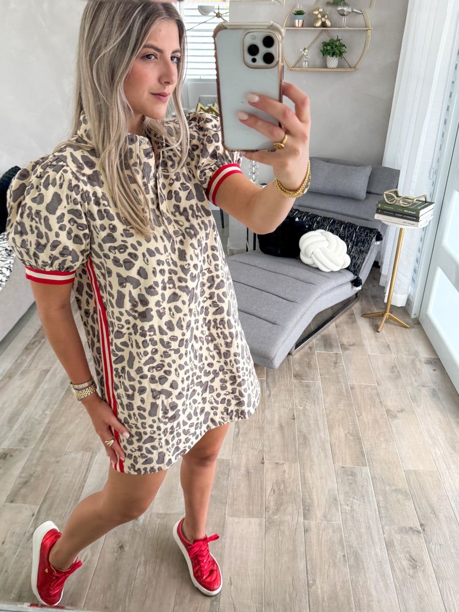 LEOPAED RED SIDE TRACK LINE SHORT DRESS