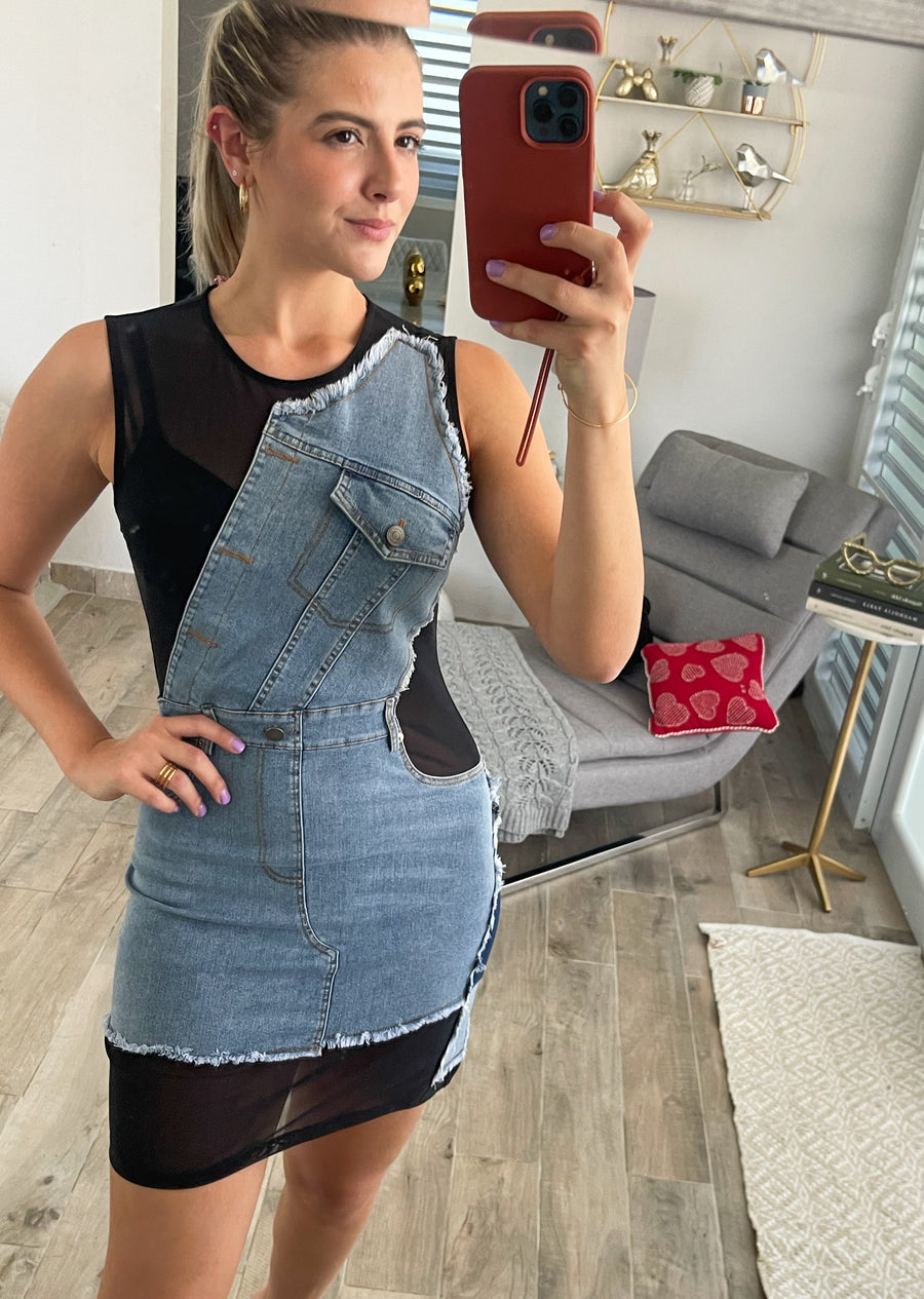 BLACK MESH DENIM CONTRAST DRESS