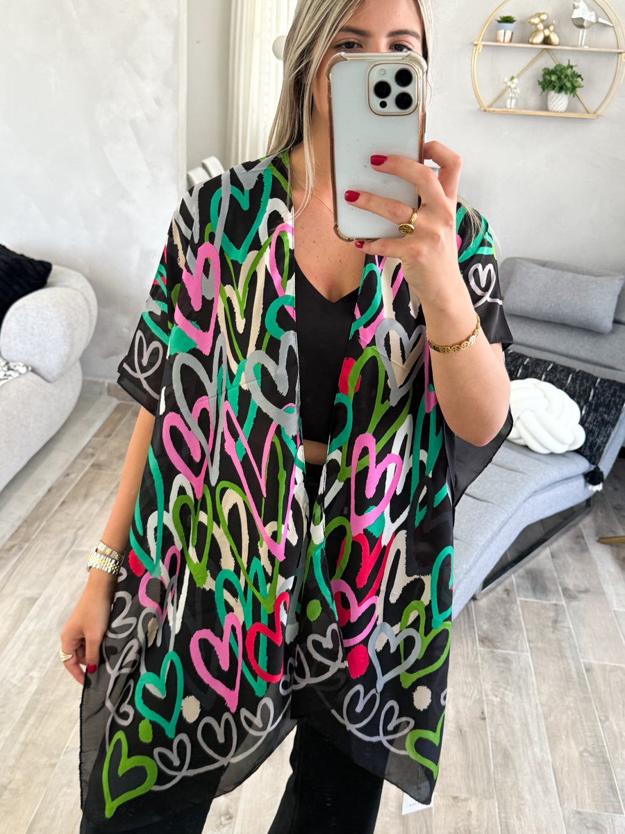 ONE SIZE HEART PRINT SILKY FEEL KIMONO