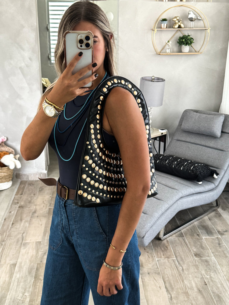 BLACK GOLD STUDDED SHOULDER BAG