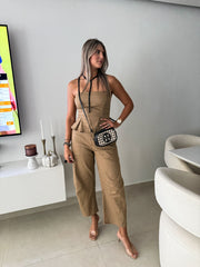 CAMEL PLEATED BARREL JUMPSUIT