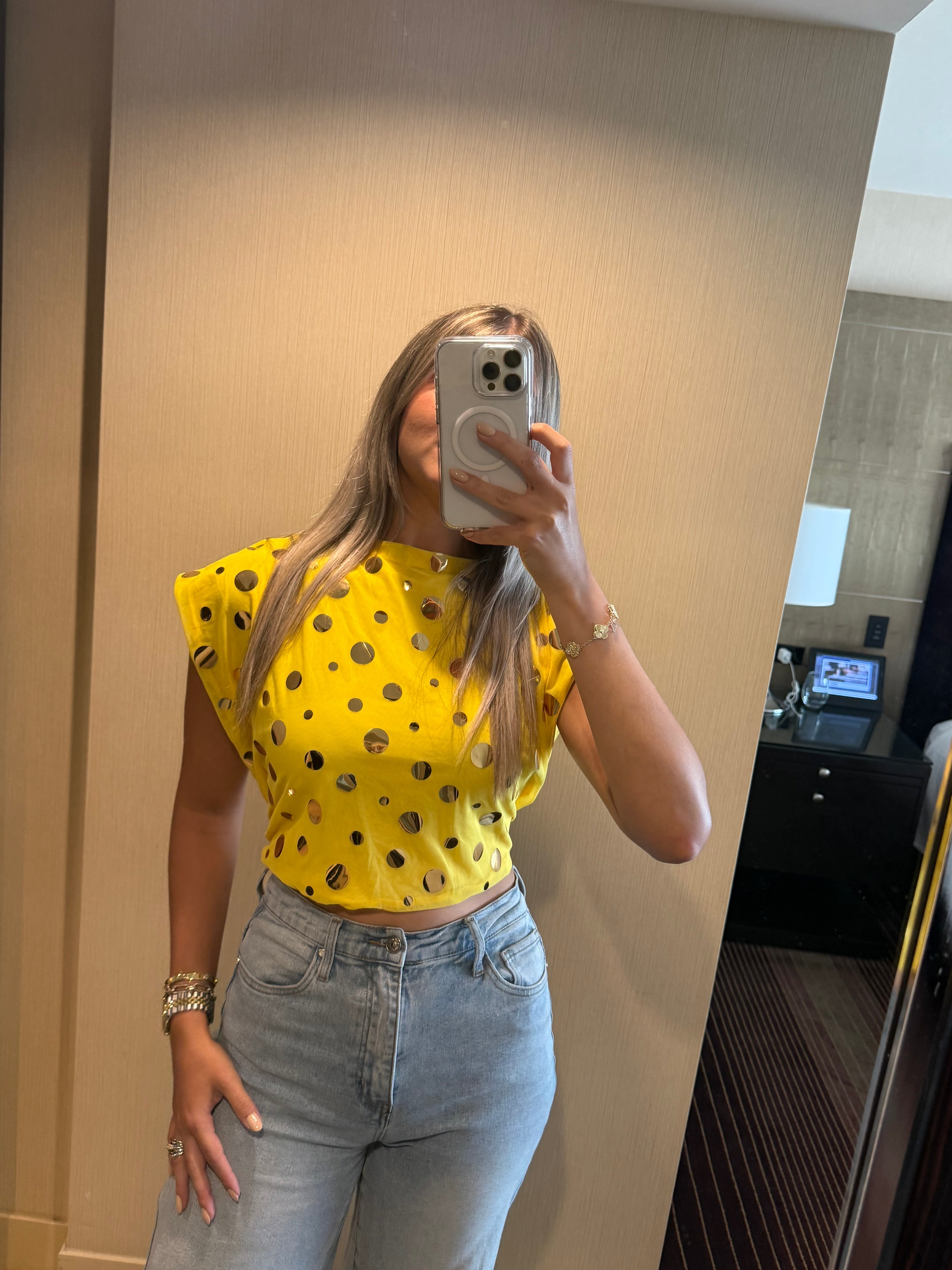 PIA REVERSIBLE SQUARE BLOUSE IN POLKA DOT/YELLOW