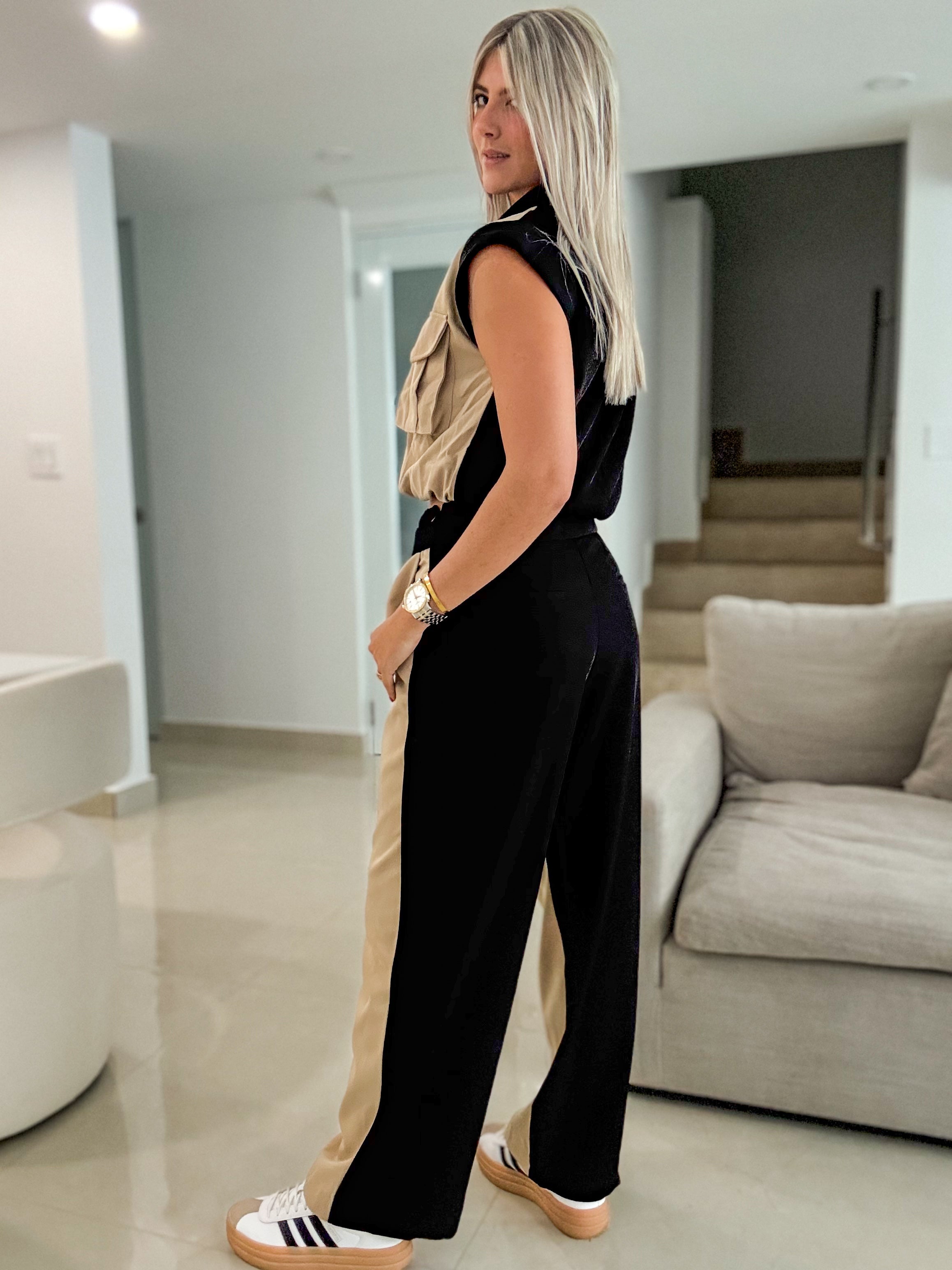 LATTE/BLACK CONTRAST BAND WIDE LEG PANTS