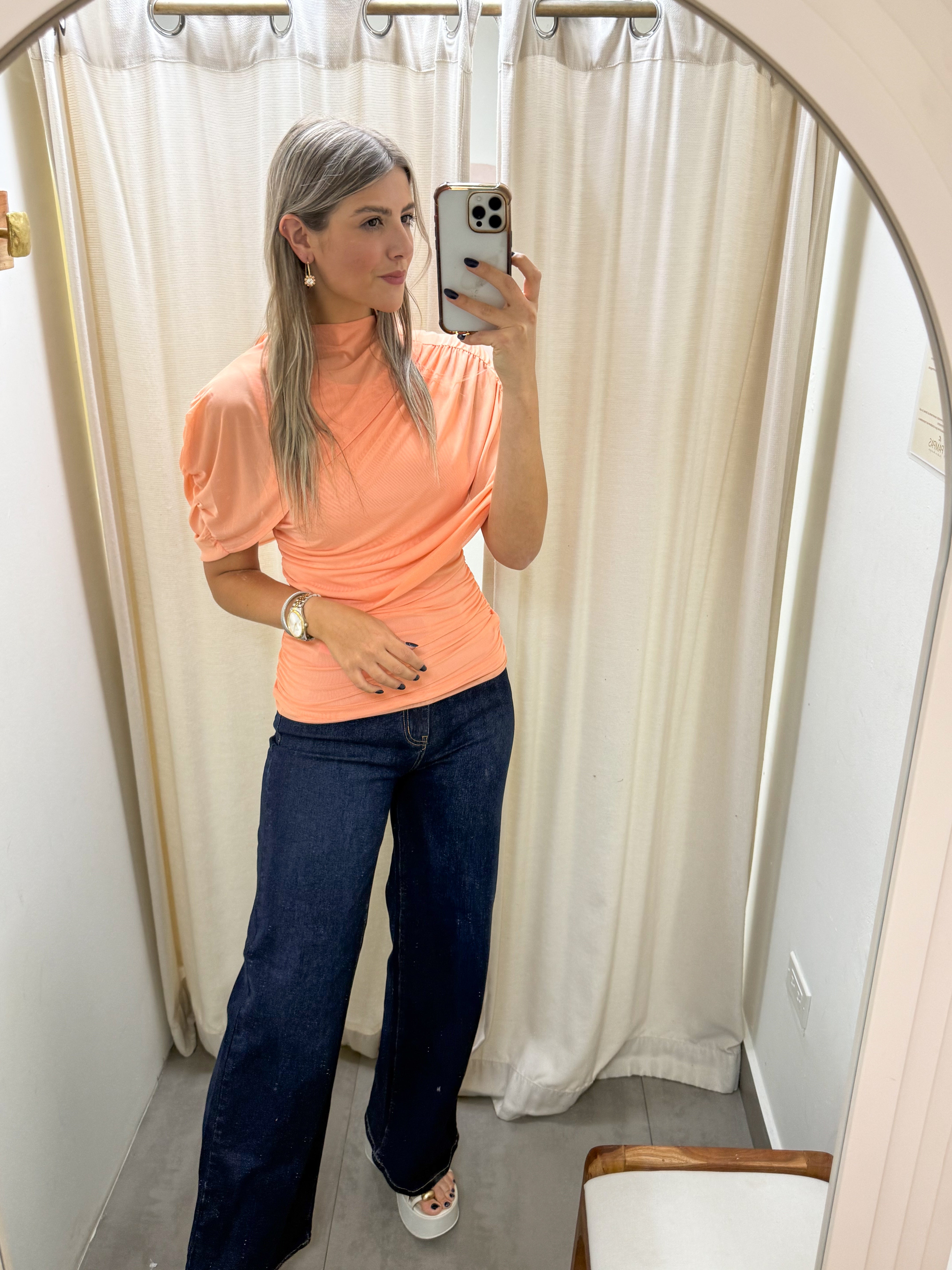 CORAL MESH RUCHED BLOUSE