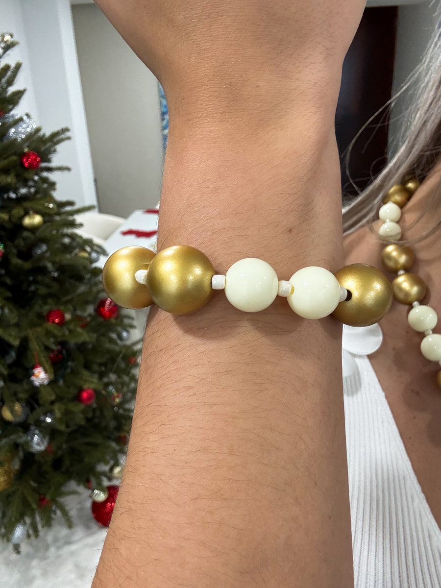 GOLD/BONE WHITE NECKLACE & ELASTIC BRACELET SET