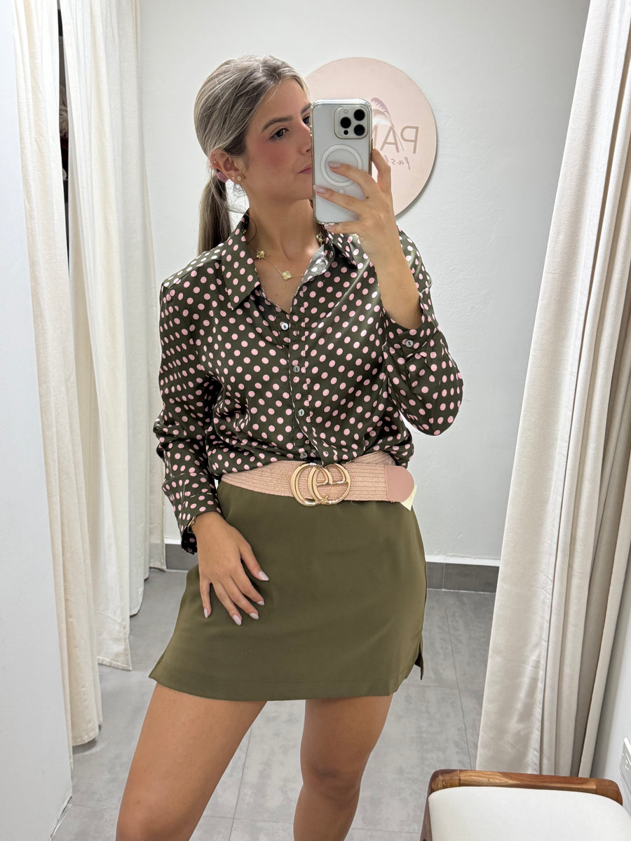 OLIVE/PINK POLKA DOT BLOUSE