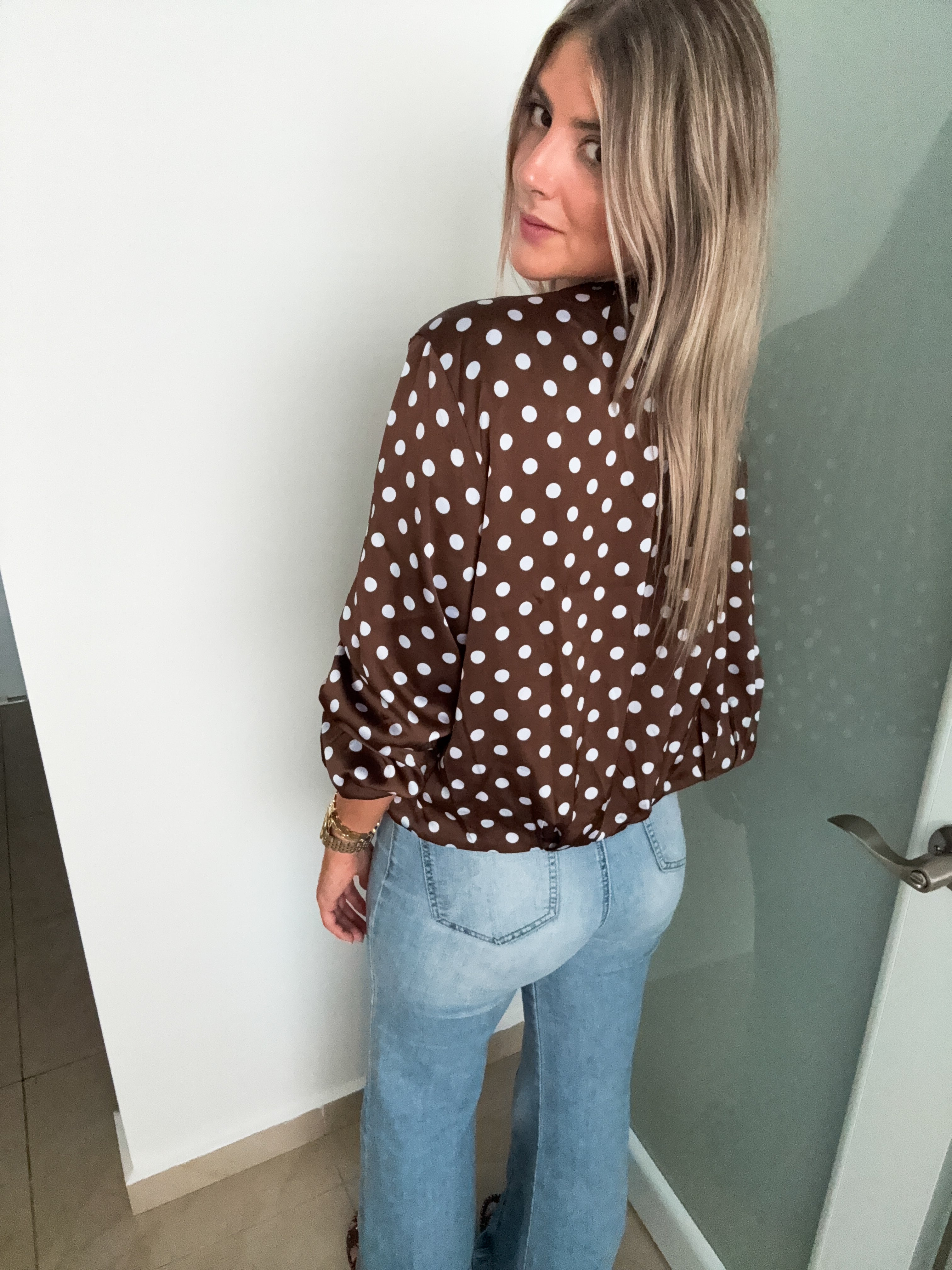 BROWN/BABY BLUE POLKA DOT SATIN JACKET