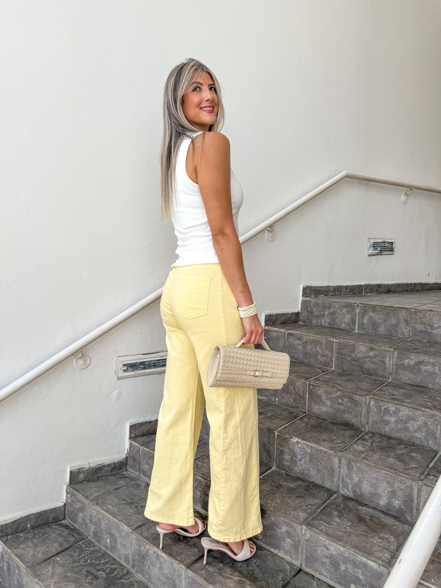 BUTTER YELLOW STRETCH WIDE LEG JEANS