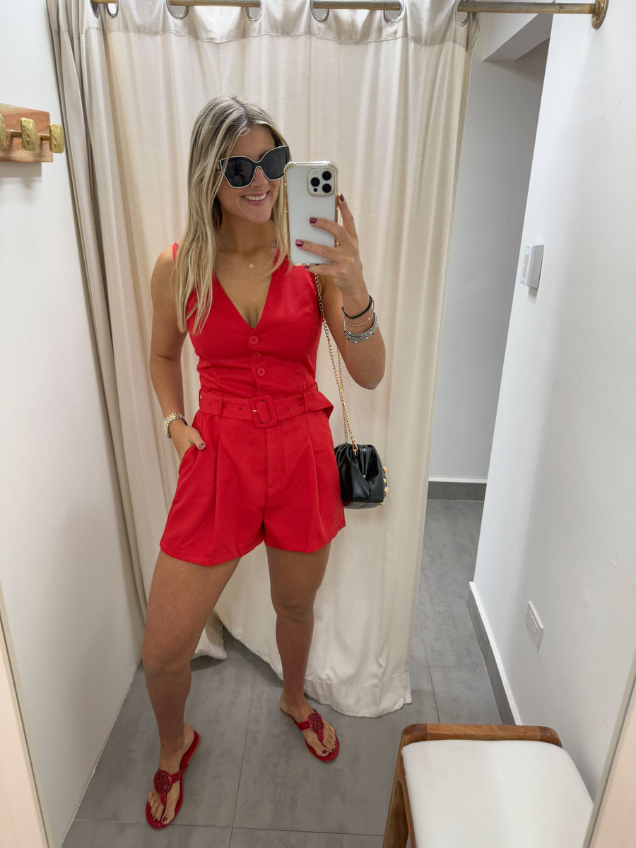RED SLEEVELESS V-NECK ROMPER