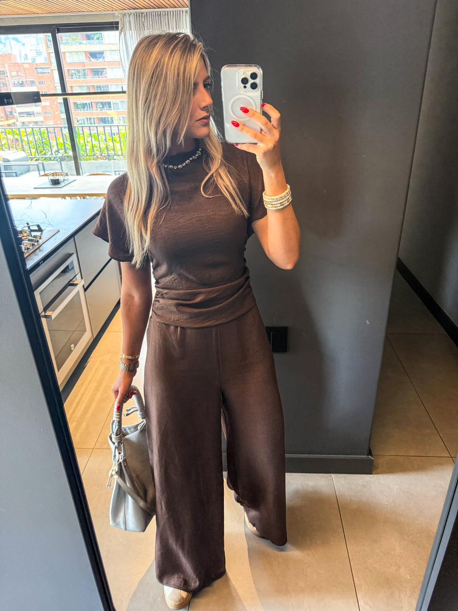 BROWN SHORT SLEEVE JUMPSUIT