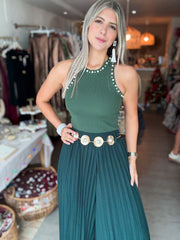 GREEN PLEATED BELTED WIDE LEG PALAZZOS