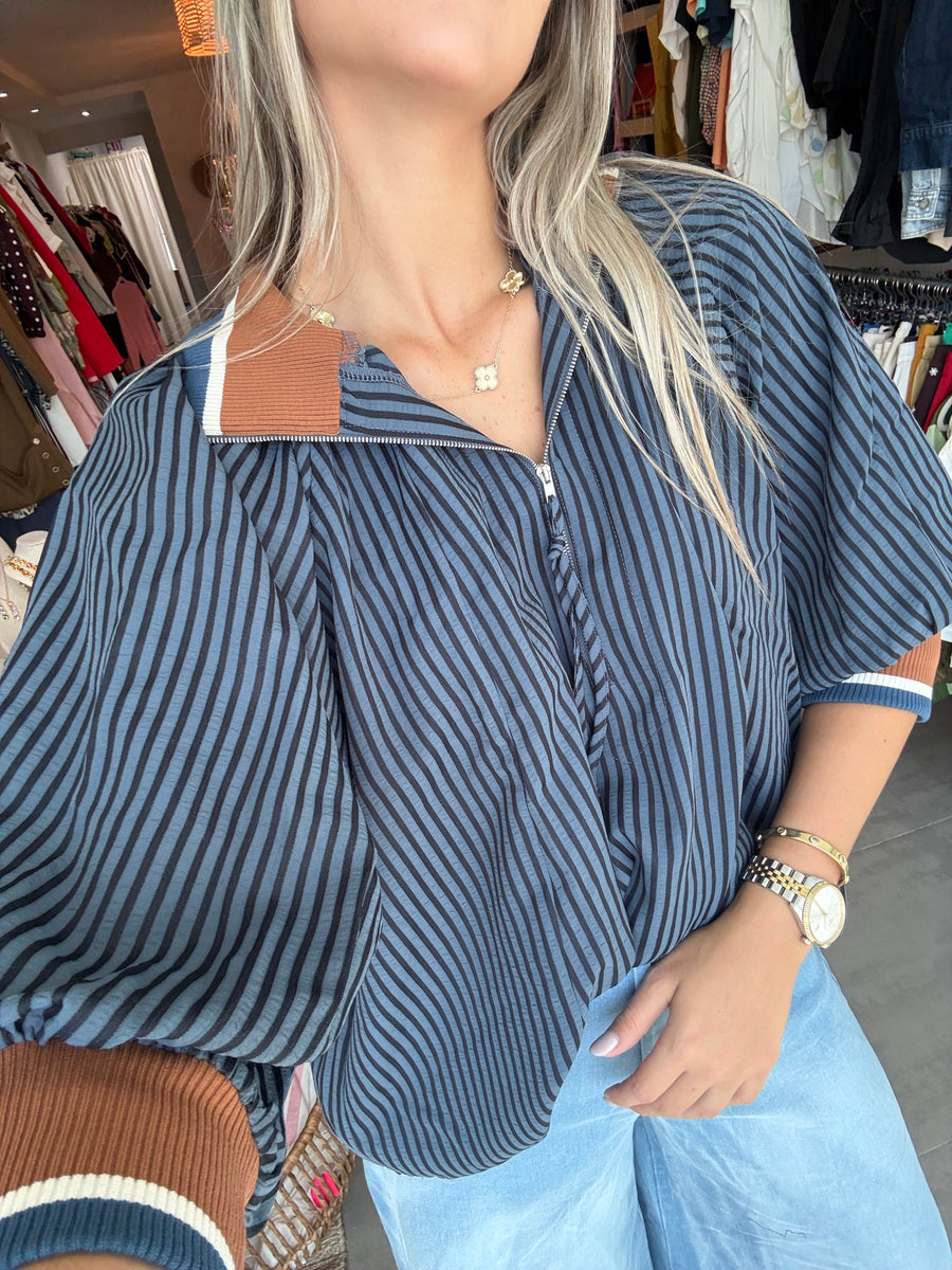 BROWN/BLUE STRIPED ZIPPER BLOUSE