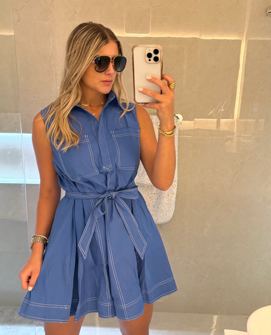 BLUE STITCHING SLEVEELESS DRESS