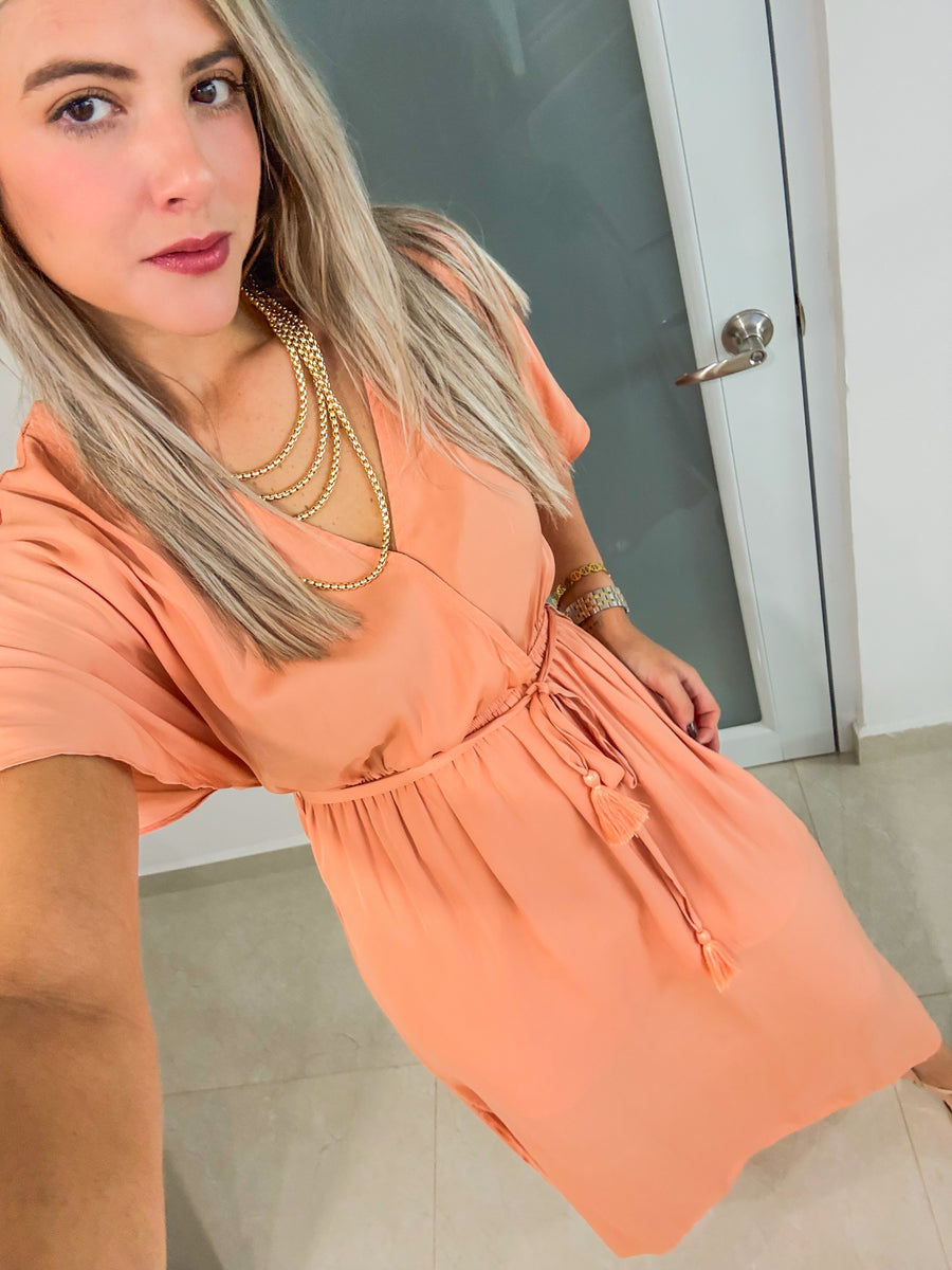PEACH SATIN MIDI DRESS
