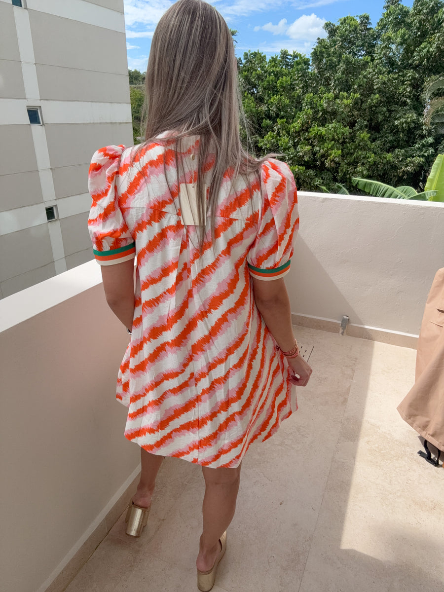ORANGE/PINK PRINTED SHORT DRESS