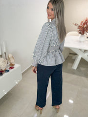 NAVY/CREAM STRIPED ZIPPER LONG SLEEVE BLOUSE