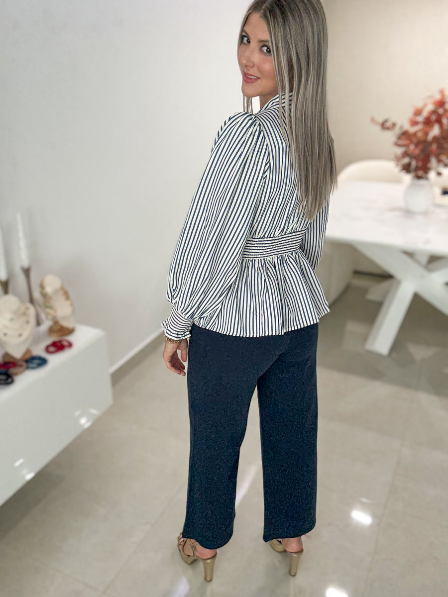 NAVY/CREAM STRIPED ZIPPER LONG SLEEVE BLOUSE