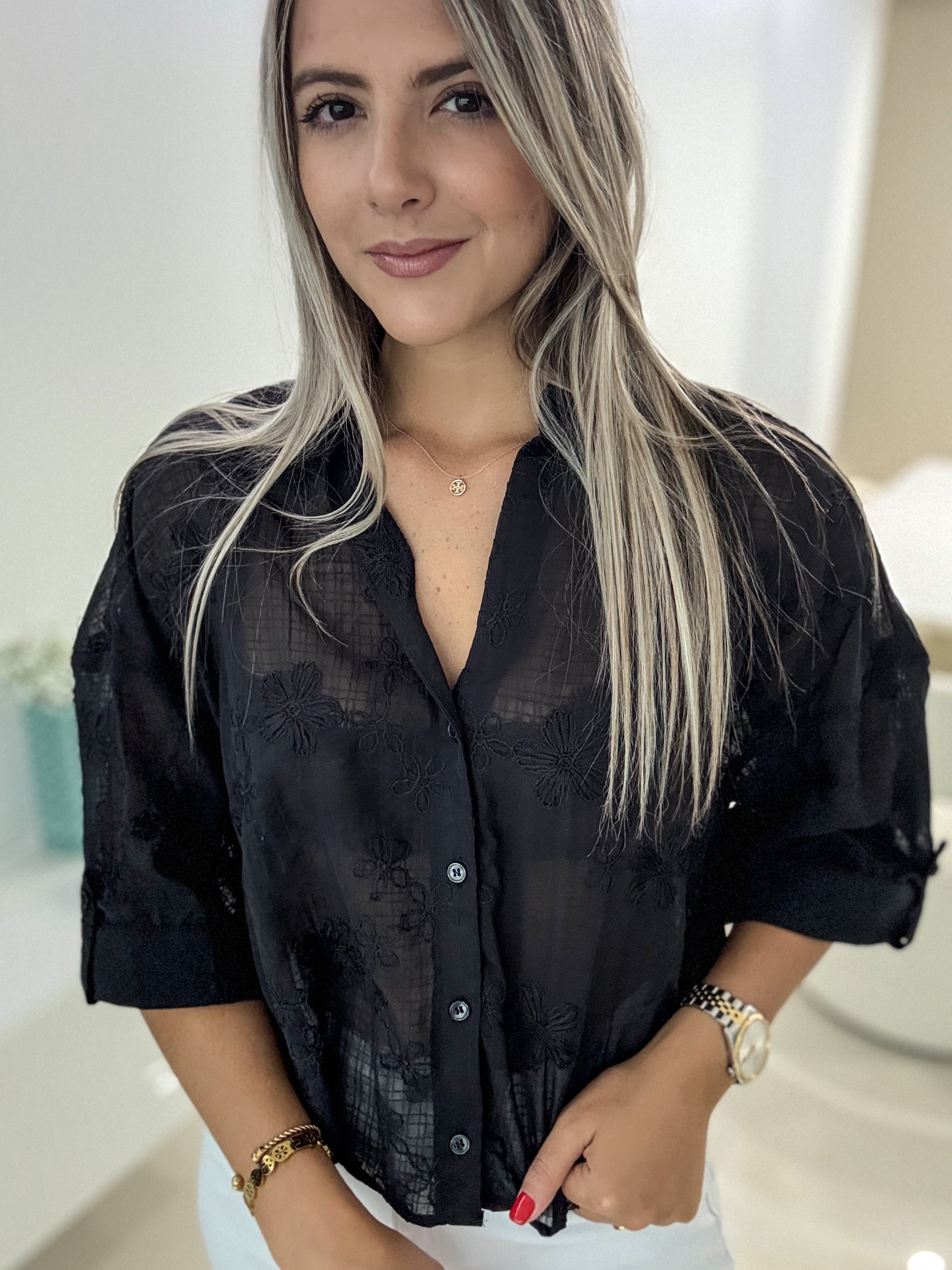 BLACK FLORAL SHEER BLOUSE