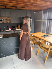 BROWN SHORT SLEEVE JUMPSUIT