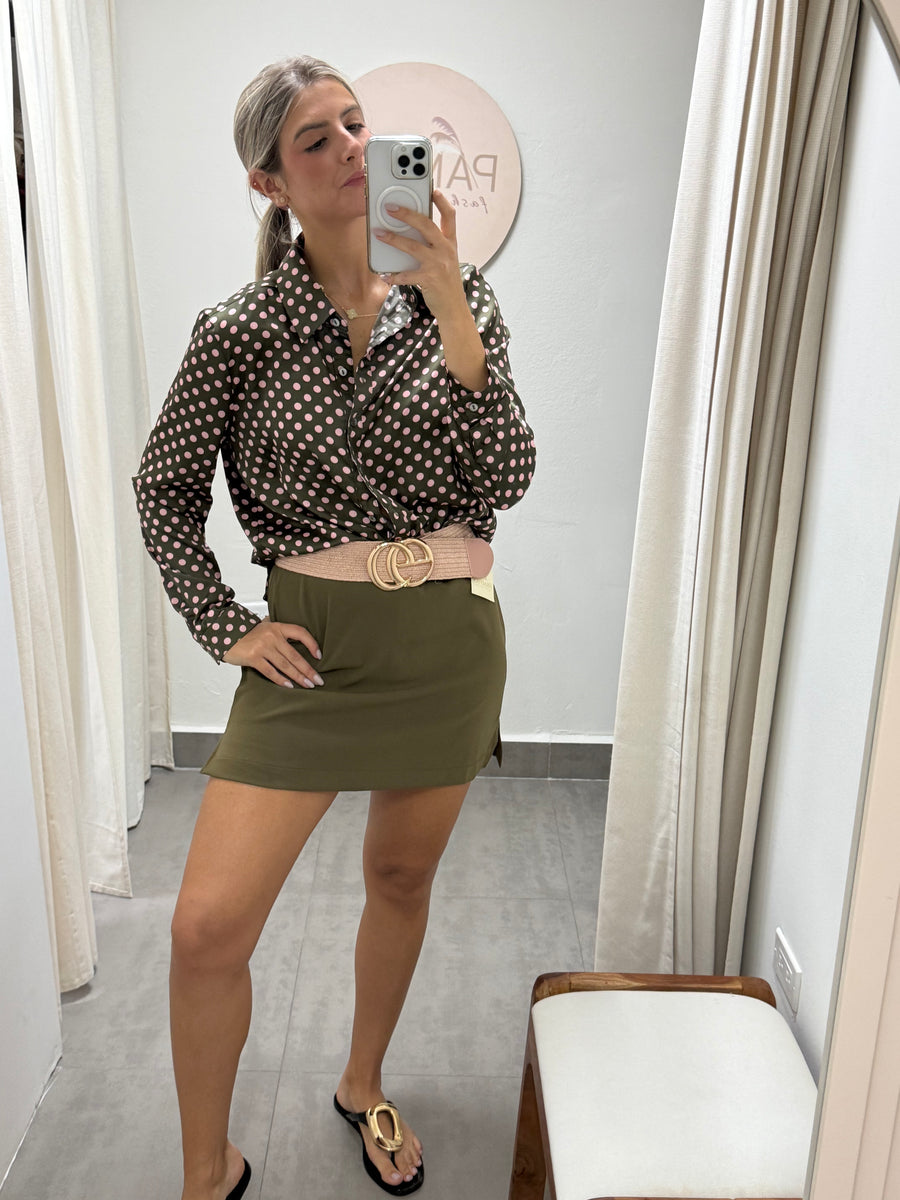 OLIVE/PINK POLKA DOT BLOUSE