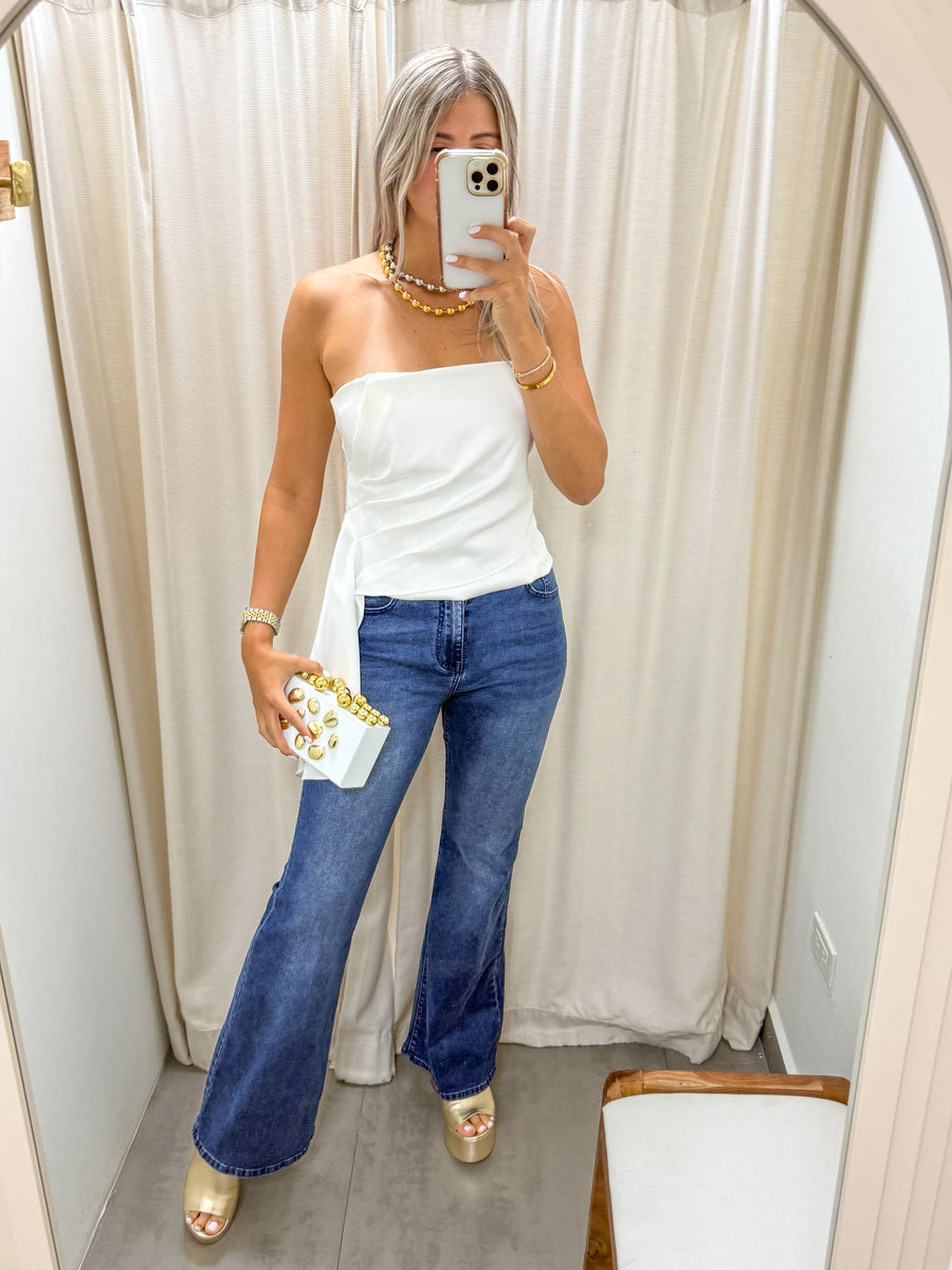 OFF WHITE SATIN DRAPED CORSET TOP