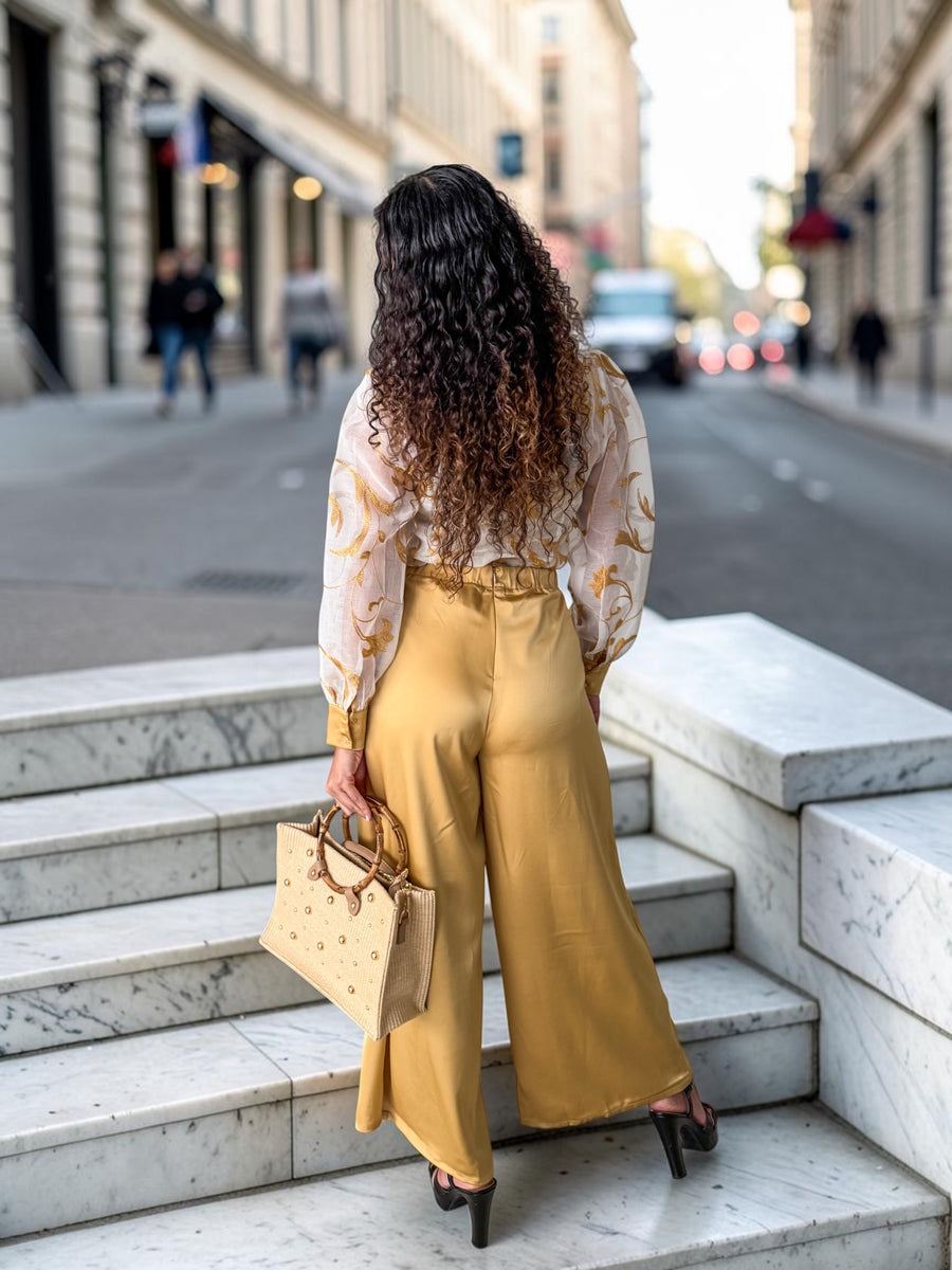 GOLD ORGANZA TOP & SATIN PANT SET